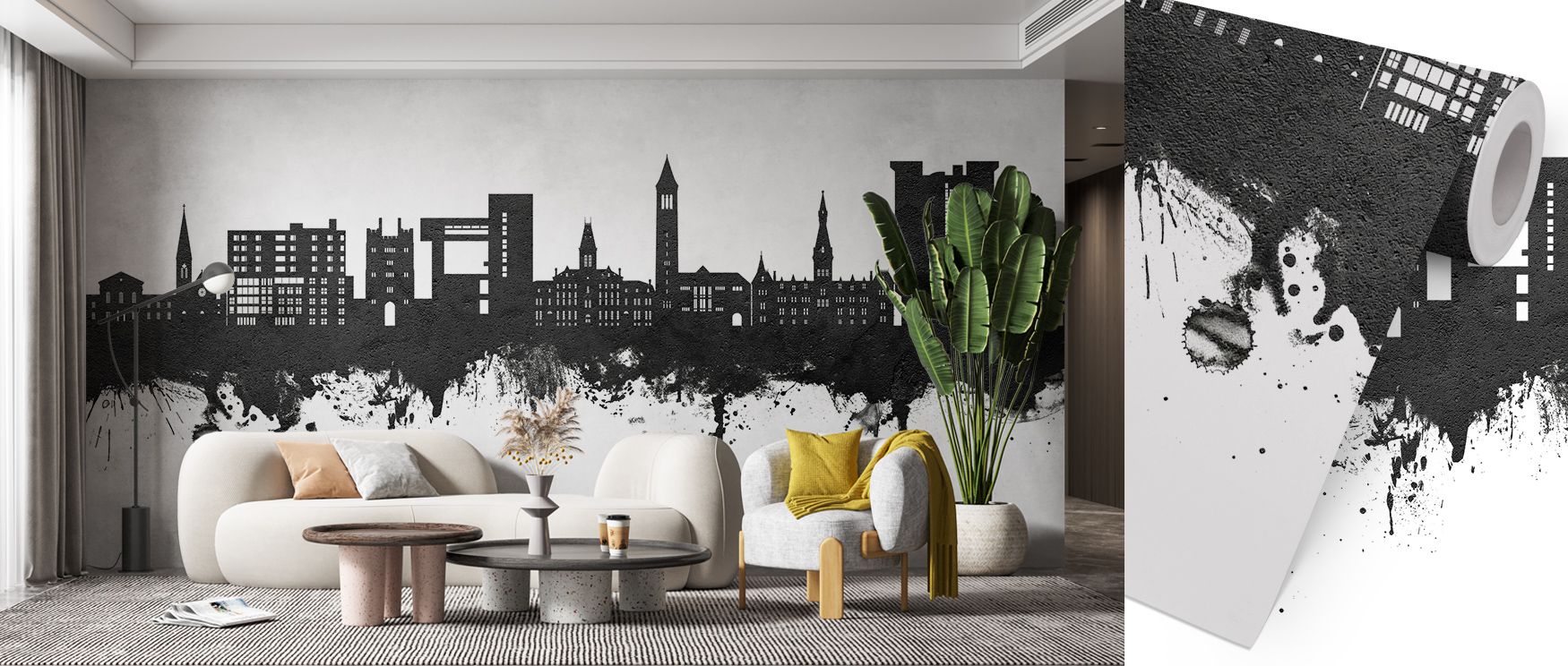 Heritage presence flows in the Ithaca New York Skyline Black & White Wallpaper where rooftops stretch across tonal depth, surrounding bedrooms or living rooms with calm decorative balance, enriching interiors with artistry shaped by cultural refinement ex