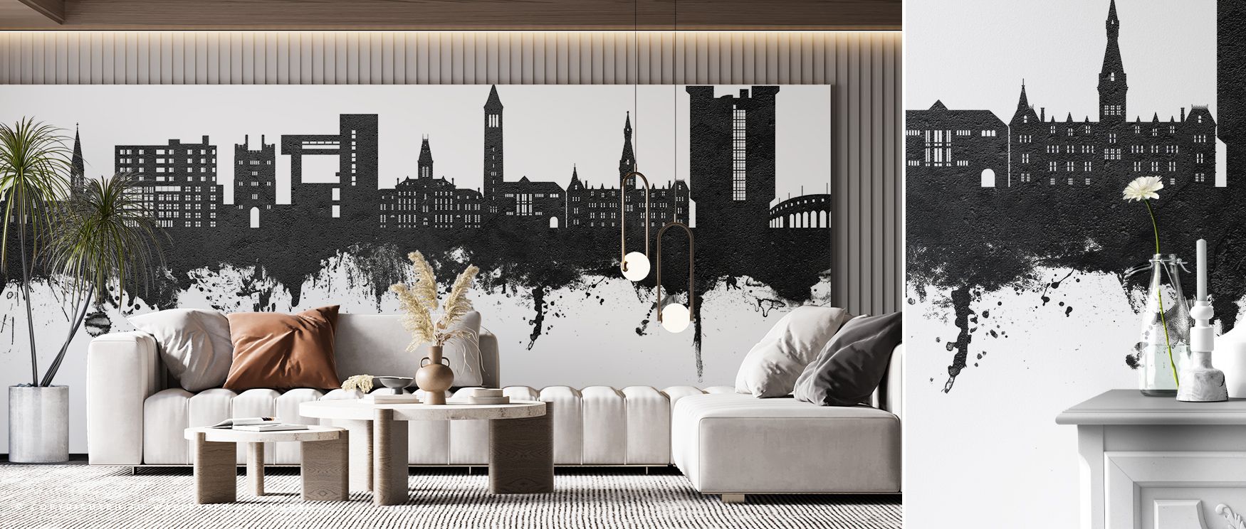 Across tonal rhythm, the Ithaca New York Skyline Black & White Wallpaper depicts rooftops aligned in heritage balance, surrounding offices or bedrooms with calm decorative charm, enriching interiors with artistry shaped in monochrome refinement expressed 
