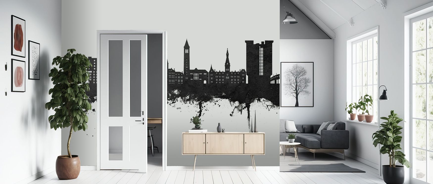 Monochrome tone defines the Ithaca New York Skyline Black & White Wallpaper where rooftops align in cultural rhythm, enriching bedrooms or living rooms with calm atmosphere, surrounding interiors with decorative refinement shaped by heritage artistry sust