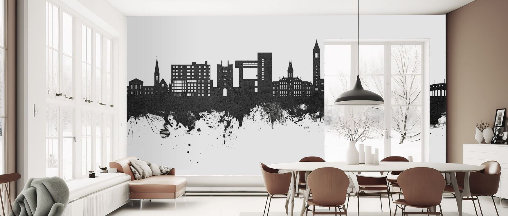 Silhouettes stretch in the Ithaca New York Skyline Black & White Wallpaper where rooftops align in monochrome tone, surrounding bedrooms or living rooms with calm atmosphere, enriching interiors with decorative refinement shaped in heritage resonance expr