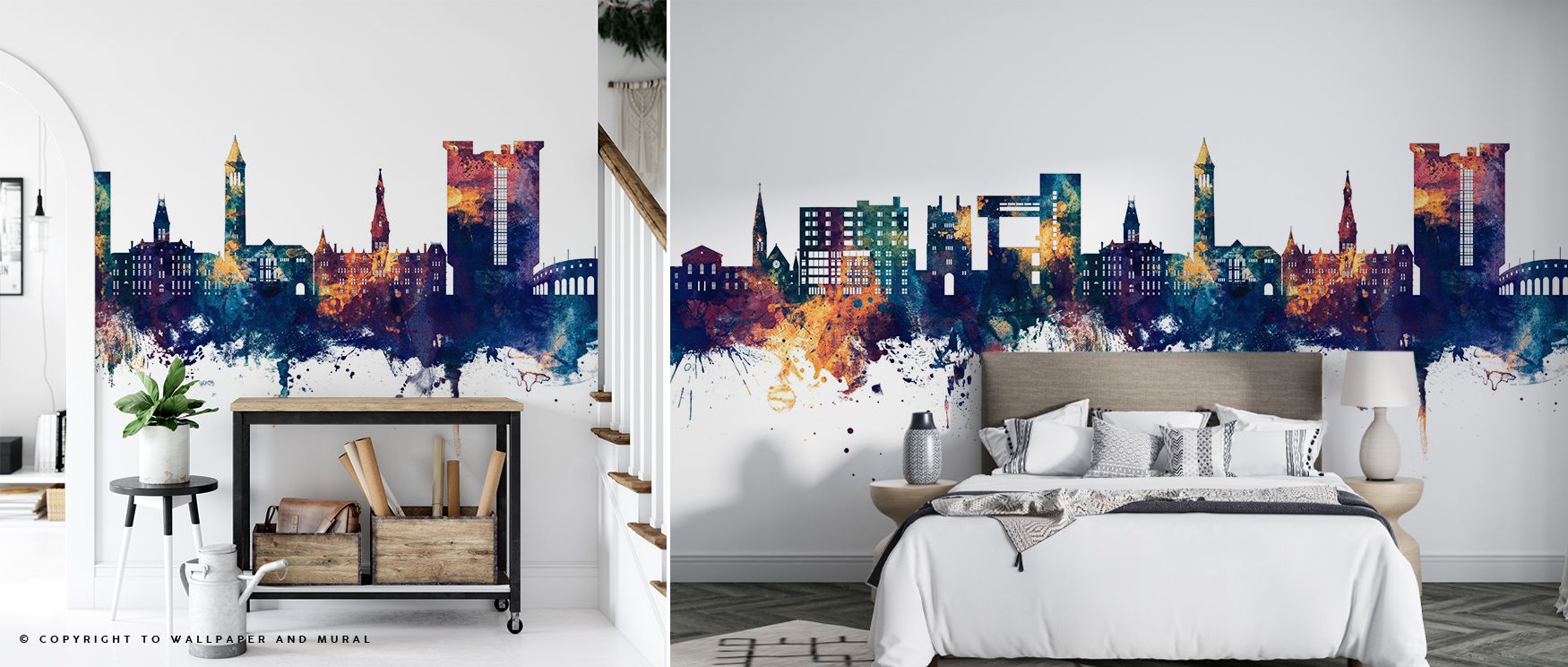 Bronze accents flow in the Ithaca New York Skyline Blue & Bronze Wallpaper where rooftops align with blue depth, enriching offices or bedrooms with calm atmosphere, surrounding interiors with decorative refinement shaped by cultural resonance expressed so