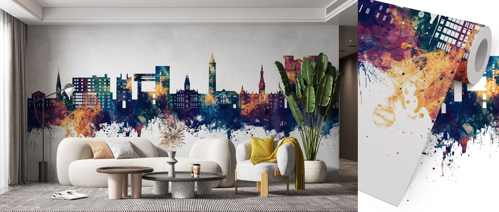 Silhouettes rise across the Ithaca New York Skyline Blue & Bronze Wallpaper where tonal contrast glows in rhythm, enriching bedrooms or living rooms with calm atmosphere, surrounding interiors with artistry shaped by heritage balance expressed gracefully.