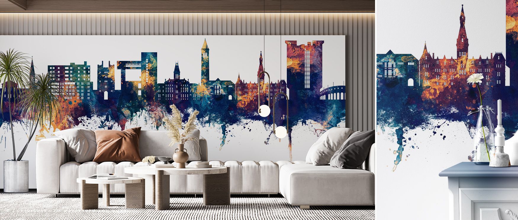 With radiant tones, the Ithaca New York Skyline Blue & Bronze Wallpaper layers rooftops in refined harmony, enriching offices or bedrooms with calm decorative charm, surrounding interiors with artistry shaped by cultural pride sustained softly. 