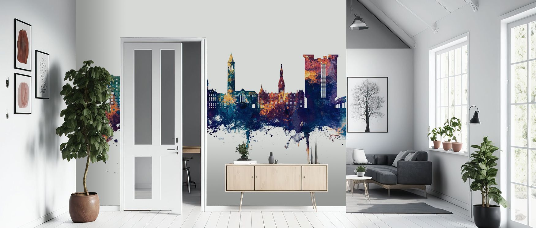 Heritage imagery flows in the Ithaca New York Skyline Blue & Bronze Wallpaper where rooftops align in blue and bronze, enriching bedrooms or living rooms with calm decorative presence, surrounding interiors with artistry shaped by tonal balance expressed 