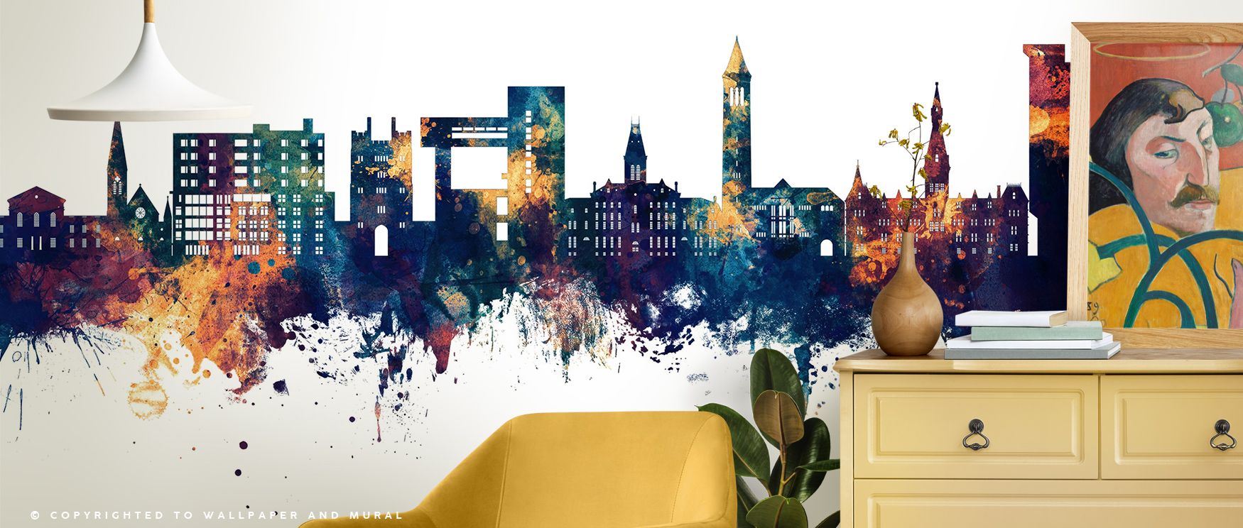 Shaded rooftops define the Ithaca New York Skyline Blue & Bronze Wallpaper where silhouettes rise in rhythm, enriching offices or bedrooms with calm decorative elegance, surrounding interiors with artistry shaped by cultural resonance expressed gracefully