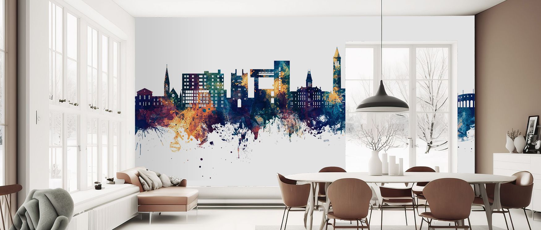 Across tonal depth, the Ithaca New York Skyline Blue & Bronze Wallpaper depicts rooftops in glowing contrast, surrounding bedrooms or living rooms with calm atmosphere, enriching interiors with artistry shaped by refined cultural pride sustained softly.