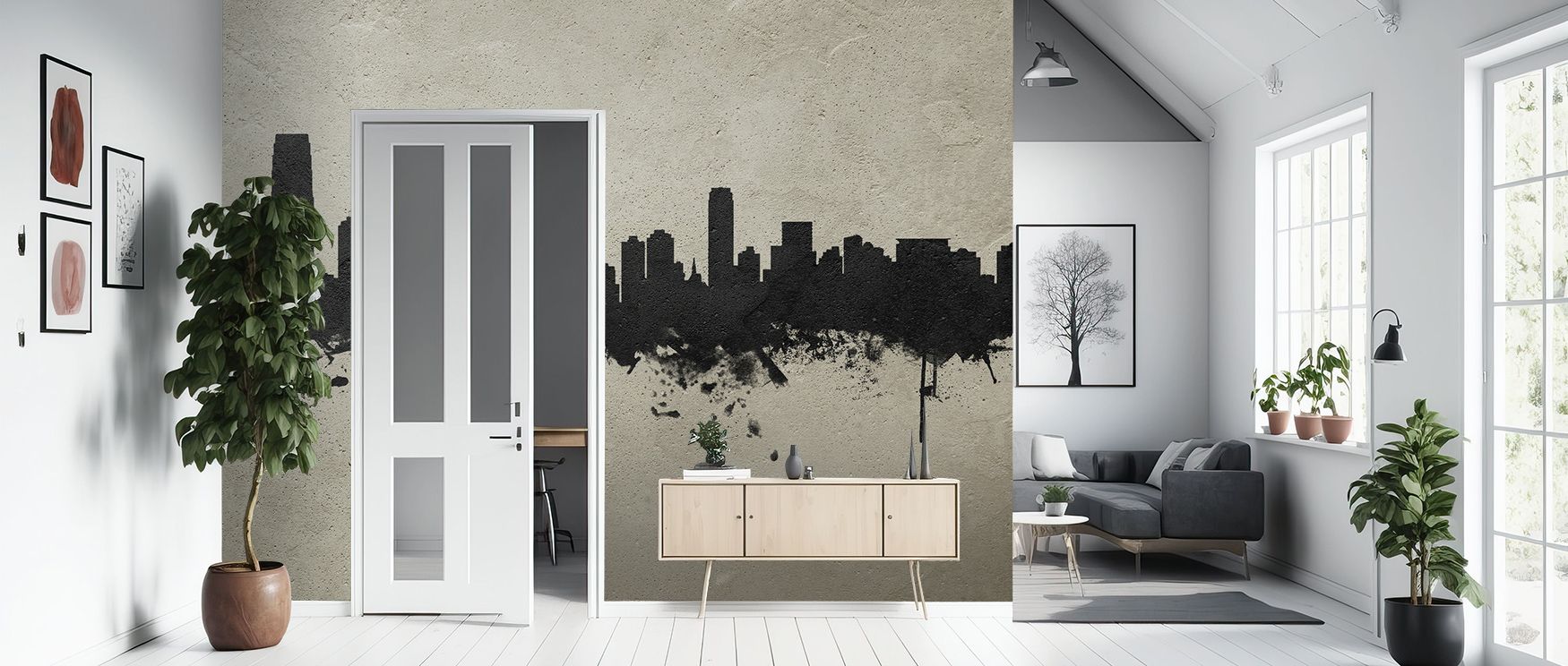 Heritage strength defines the Jersey City New York Skyline Concrete Wallpaper where rooftops align with tonal shading, surrounding bedrooms or living rooms with calm atmosphere, enriching interiors with decorative presence shaped in historical pride expre