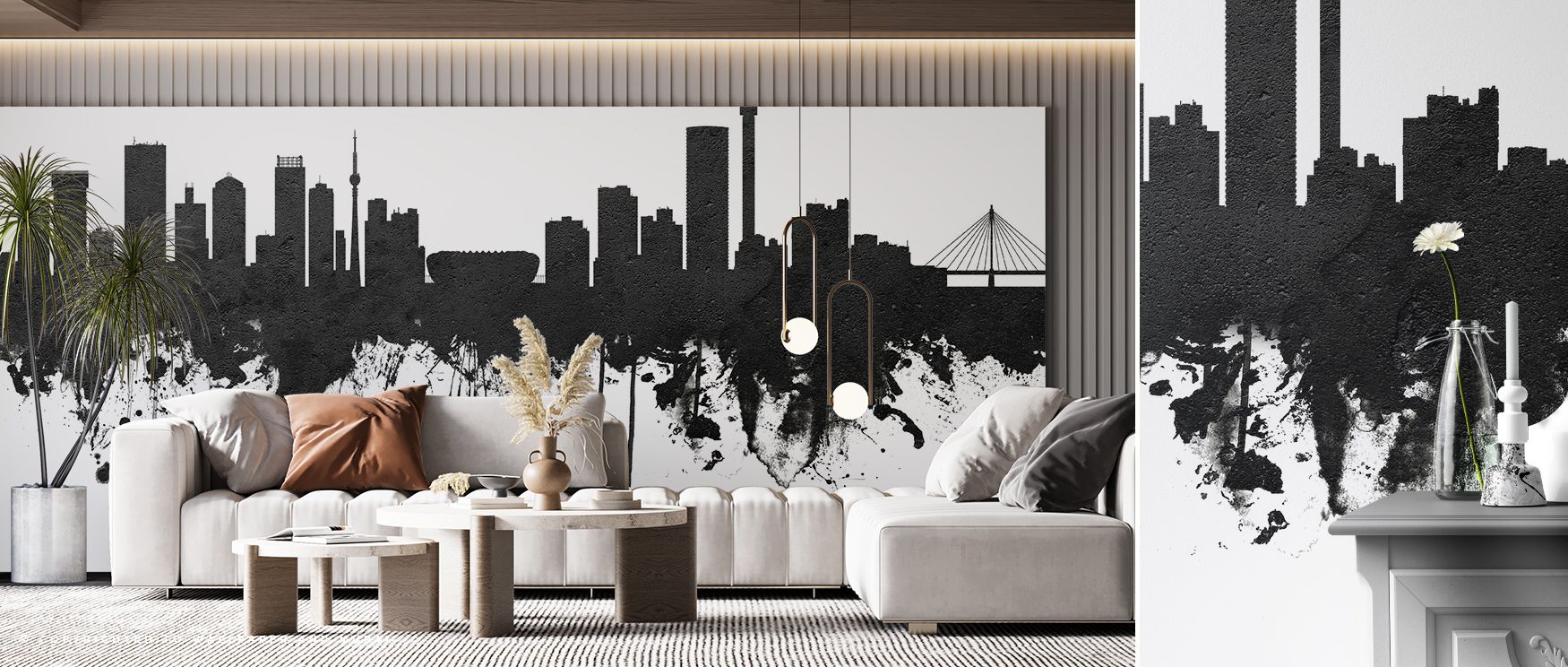 Shadows define rooftops in the Johannesburg South Africa Skyline Black & White Wallpaper where silhouettes align in rhythm, surrounding offices or bedrooms with calm atmosphere, enriching interiors with decorative presence shaped in cultural refinement ex