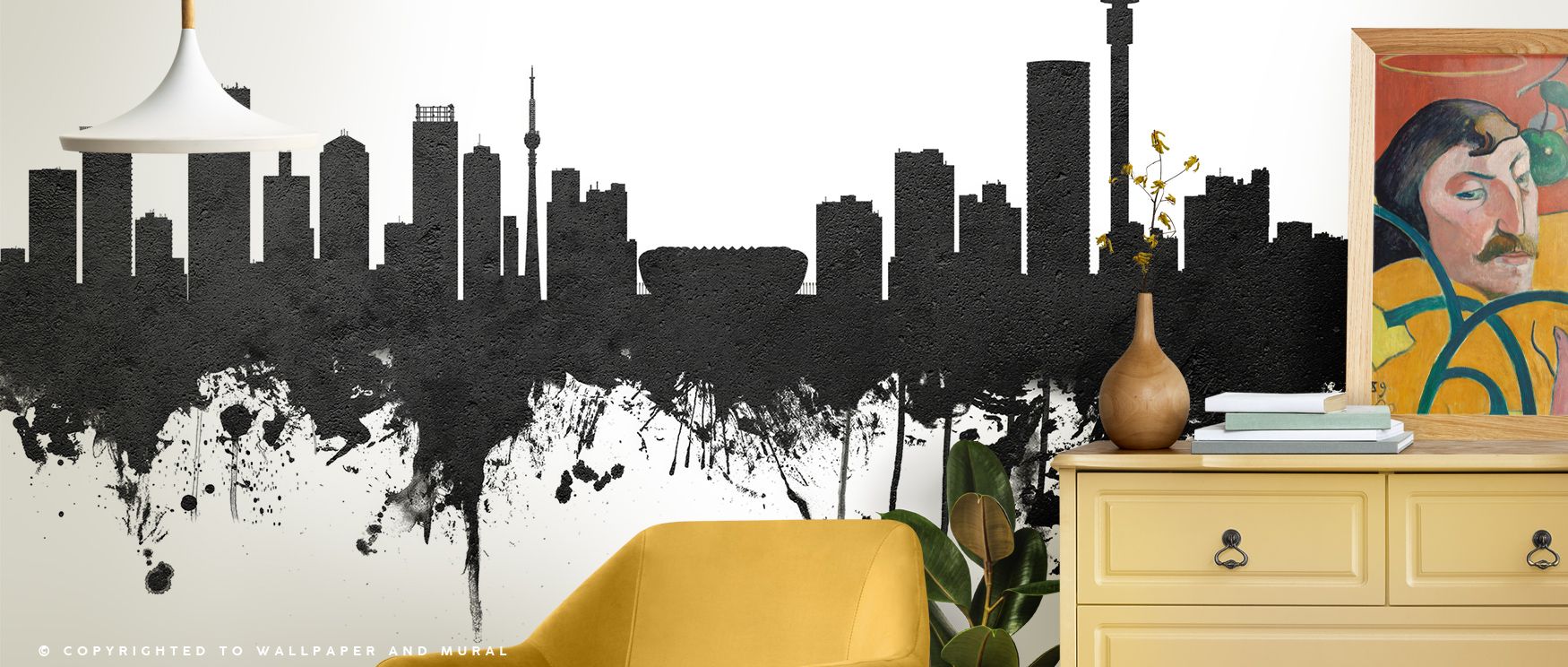 Monochrome rhythm defines the Johannesburg South Africa Skyline Black & White Wallpaper where rooftops rise in cultural balance, enriching offices or bedrooms with calm atmosphere, surrounding interiors with decorative refinement shaped in heritage artist