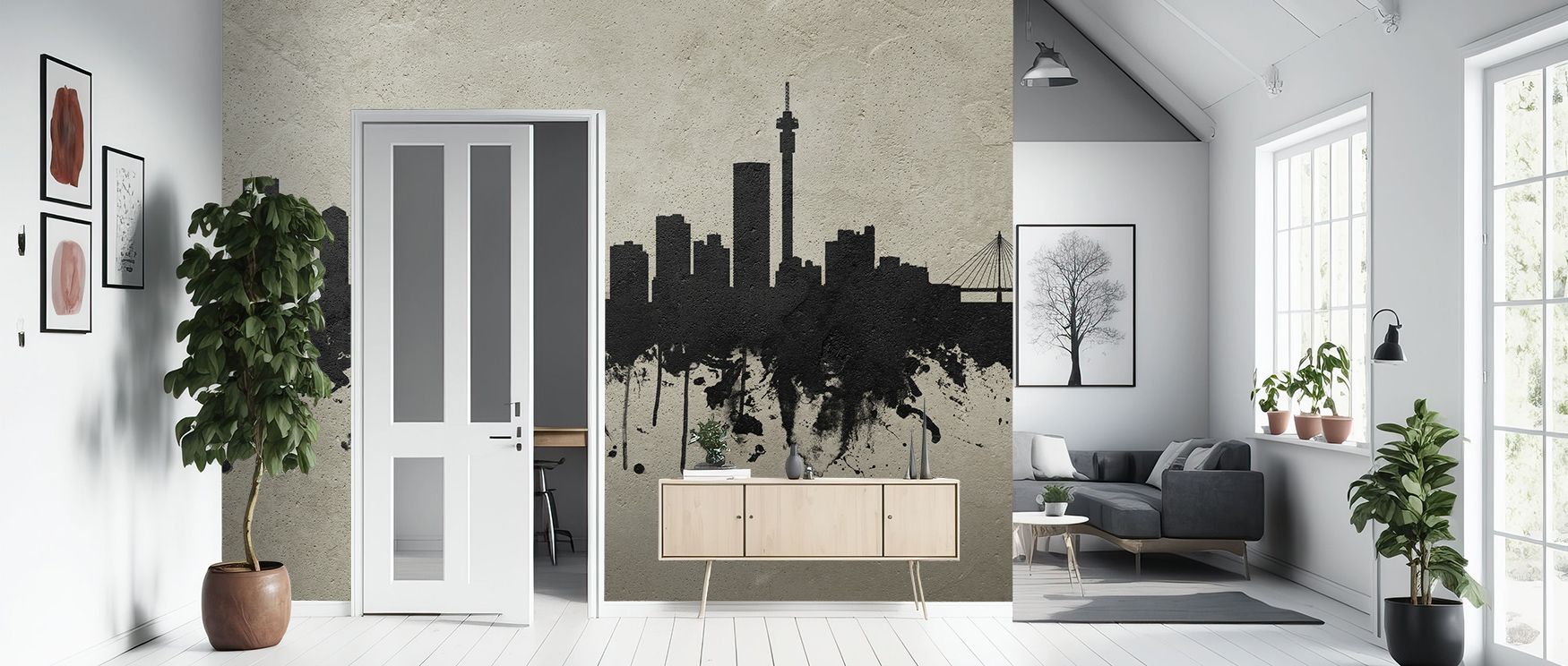 Shadows highlight rooftops in the Johannesburg South Africa Skyline Concrete Wallpaper where tonal detail aligns in rhythm, surrounding bedrooms or living rooms with calm presence, enriching interiors with artistry shaped in cultural resonance expressed s