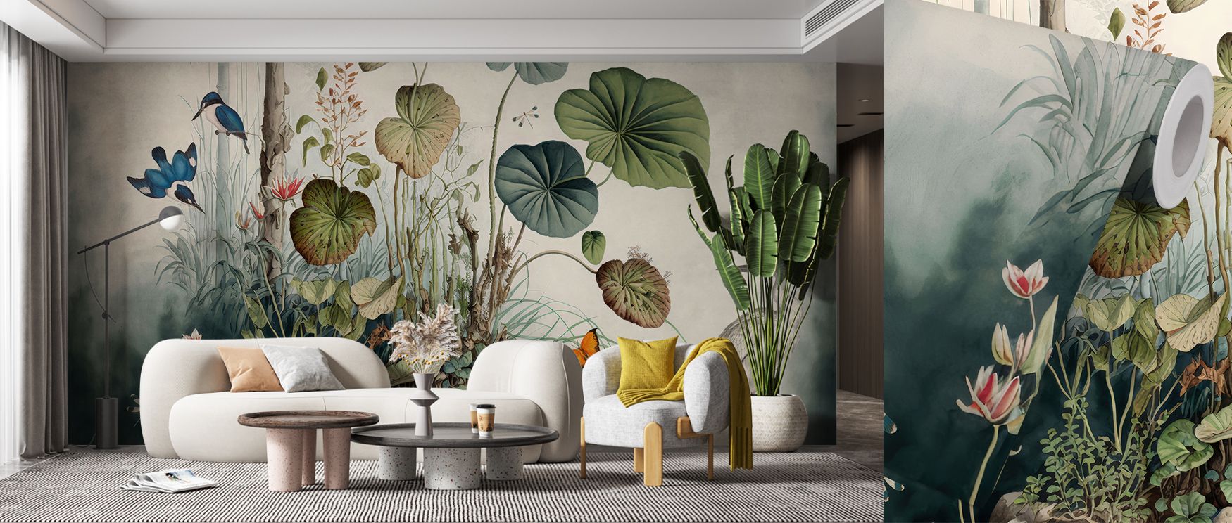 Through tonal shading, the Jungle Still Life Wallpaper depicts fruits and foliage in harmony, surrounding offices or bedrooms with calm atmosphere, enriching interiors with decorative refinement shaped by botanical artistry sustained gracefully. 