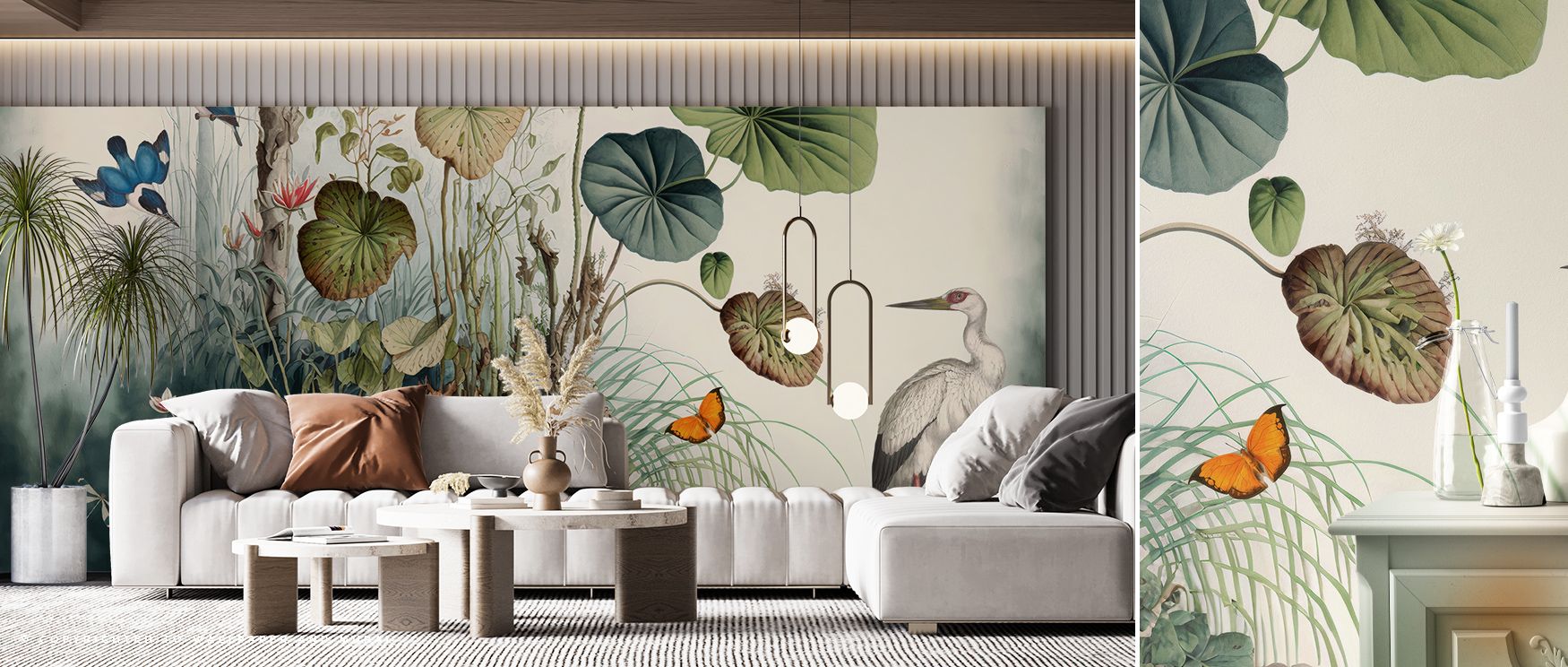 Tropical resonance emerges in the Jungle Still Life Wallpaper where imagery flows in layered rhythm, enriching bedrooms or living rooms with calm atmosphere, surrounding interiors with decorative presence shaped in natural refinement expressed softly. 
