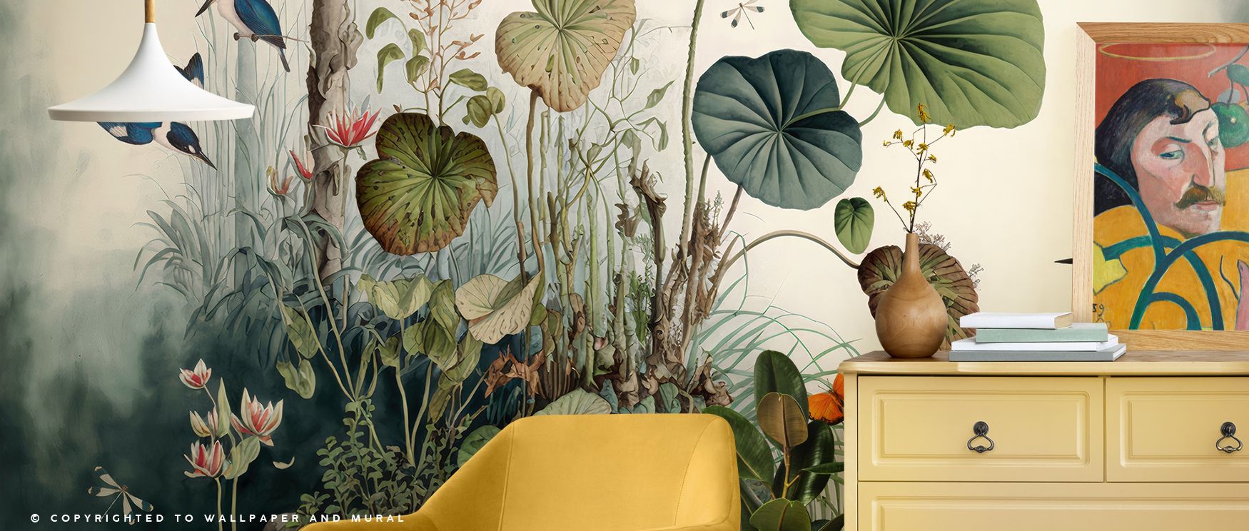 Botanical tone builds in the Jungle Still Life Wallpaper where lush motifs align across tonal depth, enriching offices or bedrooms with calm atmosphere, surrounding interiors with decorative charm shaped in tropical resonance expressed gracefully. 
