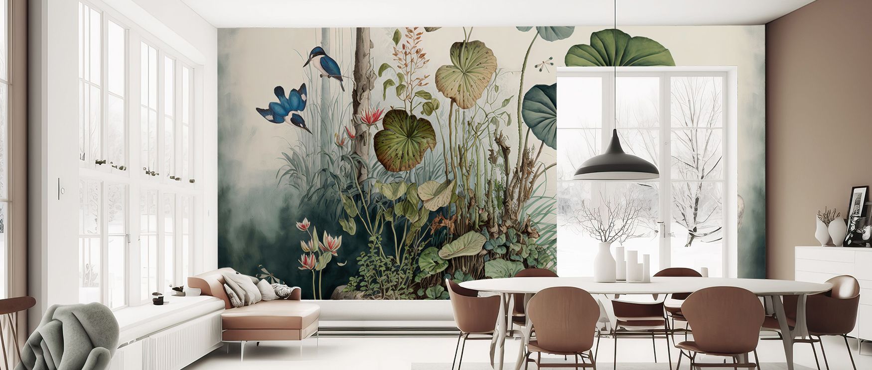 Floral and fruit imagery glow in the Jungle Still Life Wallpaper where details align in tonal balance, enriching bedrooms or living rooms with calm atmosphere, surrounding interiors with decorative refinement shaped in natural artistry sustained softly.