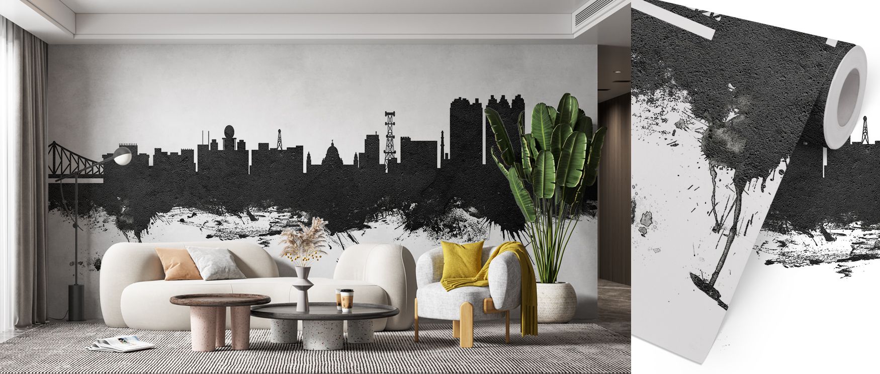 Heritage presence emerges in the Kolkata (Calcutta) India Skyline Black & White Wallpaper where rooftops align in monochrome rhythm, enriching bedrooms or living rooms with calm decorative balance, surrounding interiors with artistry shaped in cultural re