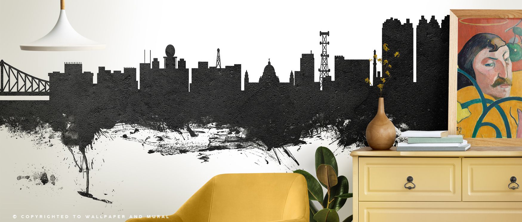 Shadows highlight rooftops in the Kolkata (Calcutta) India Skyline Black & White Wallpaper where tonal imagery aligns in rhythm, surrounding offices or bedrooms with calm atmosphere, enriching interiors with decorative charm shaped in cultural resonance e