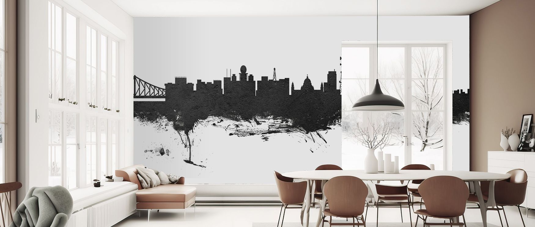 Through tonal refinement, the Kolkata (Calcutta) India Skyline Black & White Wallpaper depicts rooftops in heritage rhythm, surrounding bedrooms or living rooms with calm atmosphere, enriching interiors with artistry shaped in monochrome resonance express