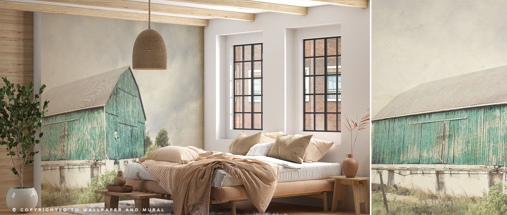 Earthy hues define Late Summer Barn I Crop Vintage Wallpaper, where countryside imagery captures soft pastoral tranquility, enriching spaces such as cozy bedrooms or classic living rooms with warmth, weaving heritage and rural artistry into interiors that