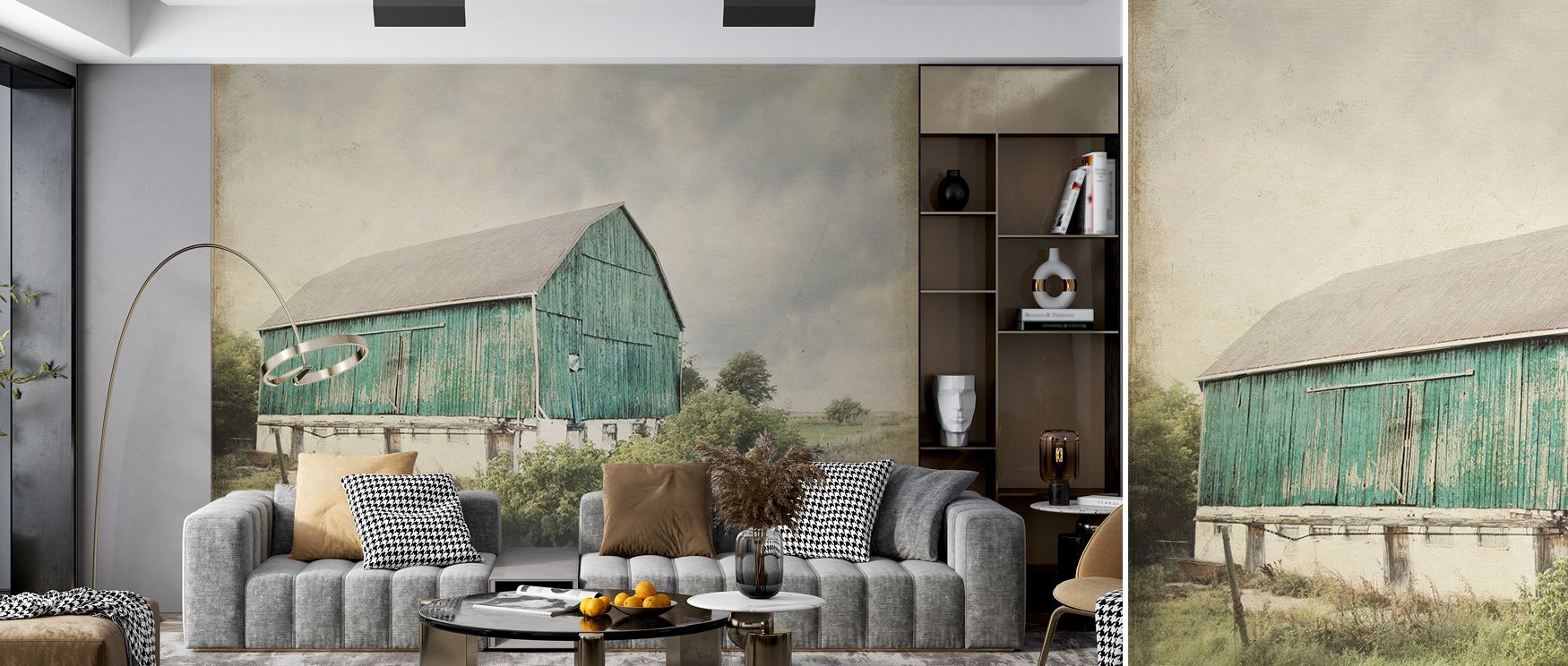 Late Summer Barn I Crop Vintage Wallpaper captures vintage essence, depicting rustic barns in warm tones that fill restful bedrooms or inviting offices with countryside serenity, offering interiors comfort and nostalgia through weathered imagery that blen