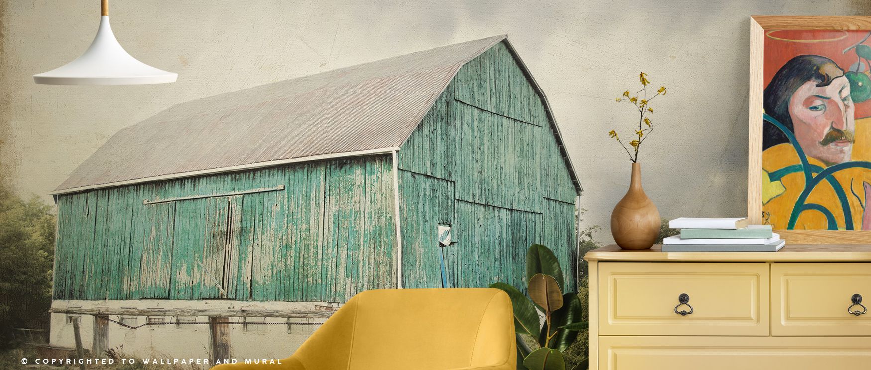 The Late Summer Barn I Crop Vintage Wallpaper reflects pastoral artistry, where weathered barns evoke fading summer evenings, transforming bedrooms or offices into spaces enriched by heritage tone, layering warm textures and nostalgic mood into interiors 