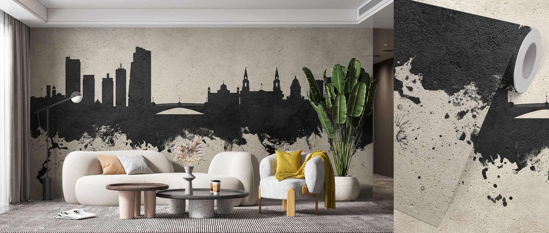 Leeds England Skyline Concrete Wallpaper radiates urban artistry in muted tones, where raw textures frame silhouettes, enriching tranquil bedrooms or creative offices with cultural resonance, rustic warmth, and decorative balance that glow with timeless a