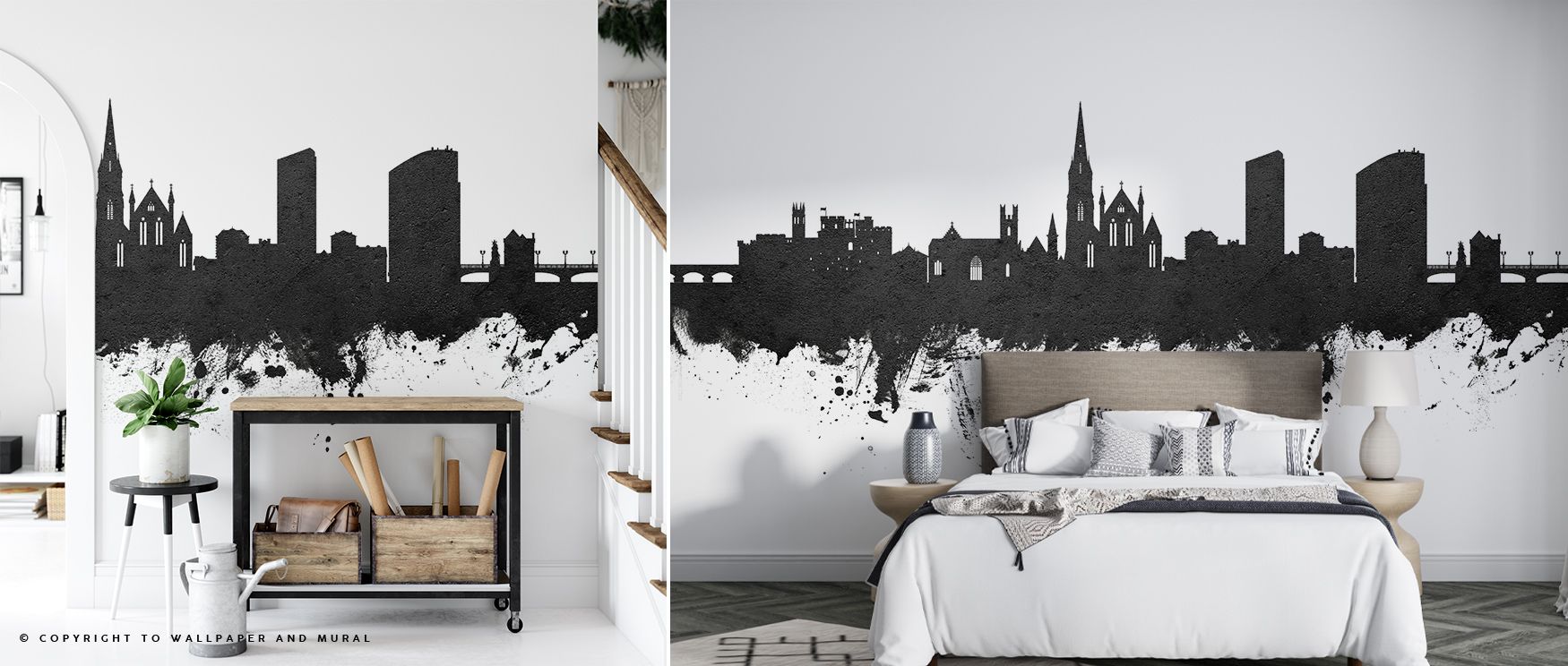 Architectural refinement resonates in the Limerick Ireland Skyline Black & White Wallpaper, where silhouettes glow in monochrome depth, enriching tranquil bedrooms or creative offices with urban artistry, cultural sophistication, and decorative resonance 