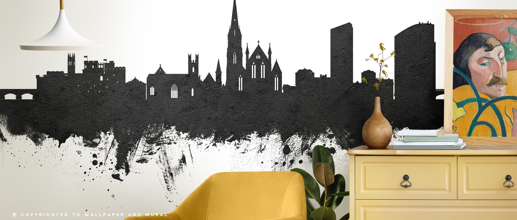 The Limerick Ireland Skyline Black & White Wallpaper emphasizes architectural contours in monochrome, enriching restful bedrooms or welcoming offices with cultural charm, decorative balance, and French sophistication that radiates timeless elegance across