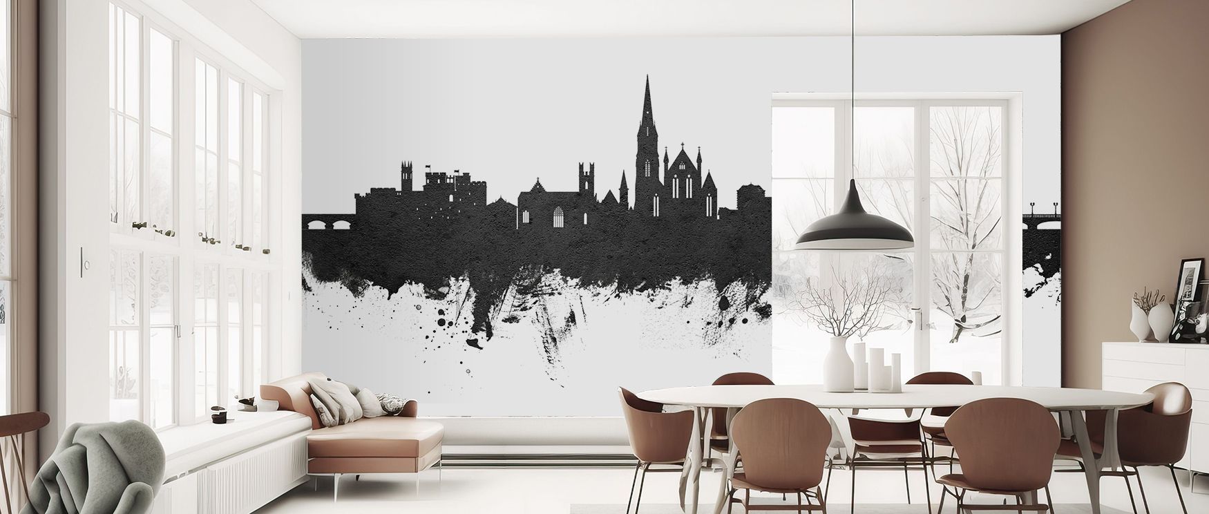 Striking artistry shapes the Limerick Ireland Skyline Black & White Wallpaper, where sharp silhouettes radiate cultural resonance, transforming restful bedrooms or vibrant living rooms into interiors filled with monochrome refinement, architectural streng