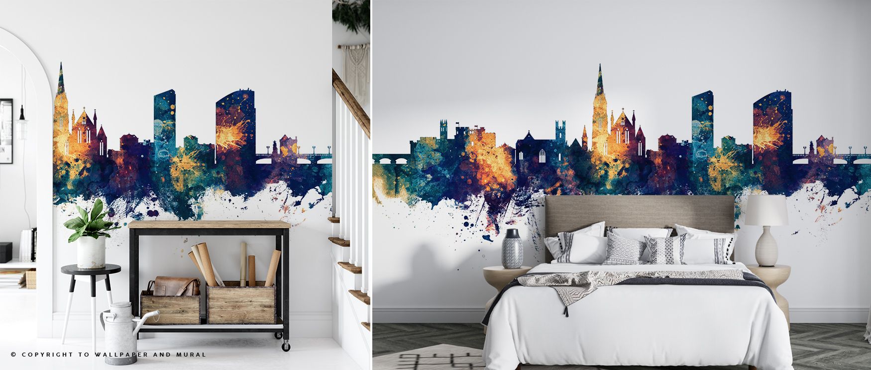 The Limerick Ireland Skyline Blue & Bronze Wallpaper transforms walls into cultural showcases, where silhouettes shine in blue and bronze, enriching restful bedrooms or welcoming offices with atmosphere, architectural refinement, and decorative elegance t