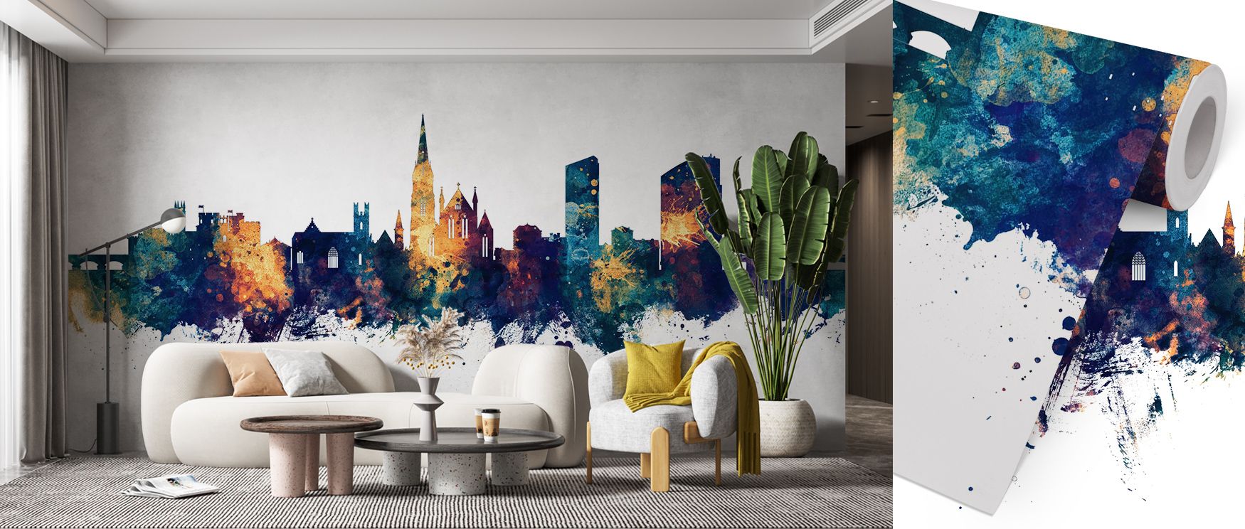 Through contrasting tones, the Limerick Ireland Skyline Blue & Bronze Wallpaper enriches interiors with cultural depth, where silhouettes stand luminous in bronze and blue, filling restful bedrooms or lively living rooms with French refinement, architectu