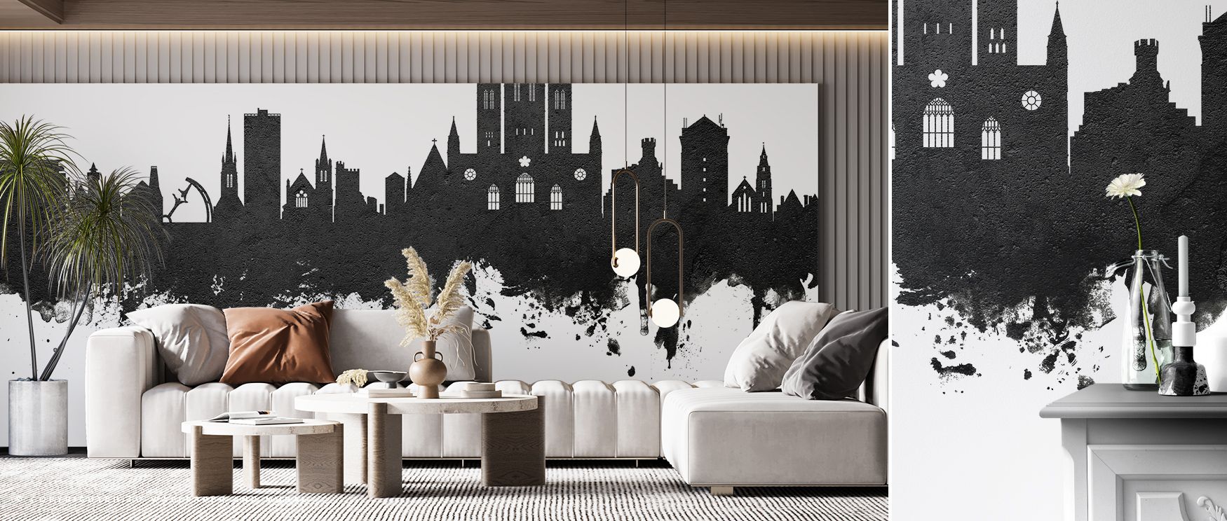 Minimalist artistry defines the Lincoln England Skyline Black & White Wallpaper, where silhouettes glow in sharp contrasts, enhancing restful bedrooms or lively offices with cultural resonance, architectural refinement, and decorative balance that radiate
