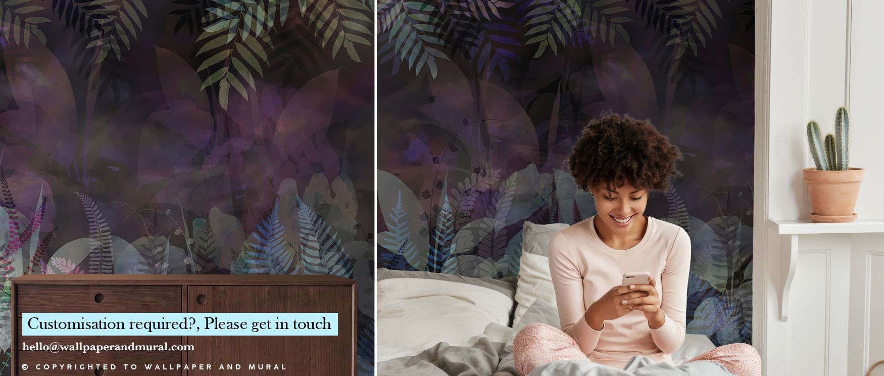 Decorative refinement is conveyed in the Liquid Tropic Wall Mural as purple hues balance brilliance, enriching restful bedrooms or inviting living rooms with atmosphere, cultural resonance, and artistic resonance that glow with sophistication. 