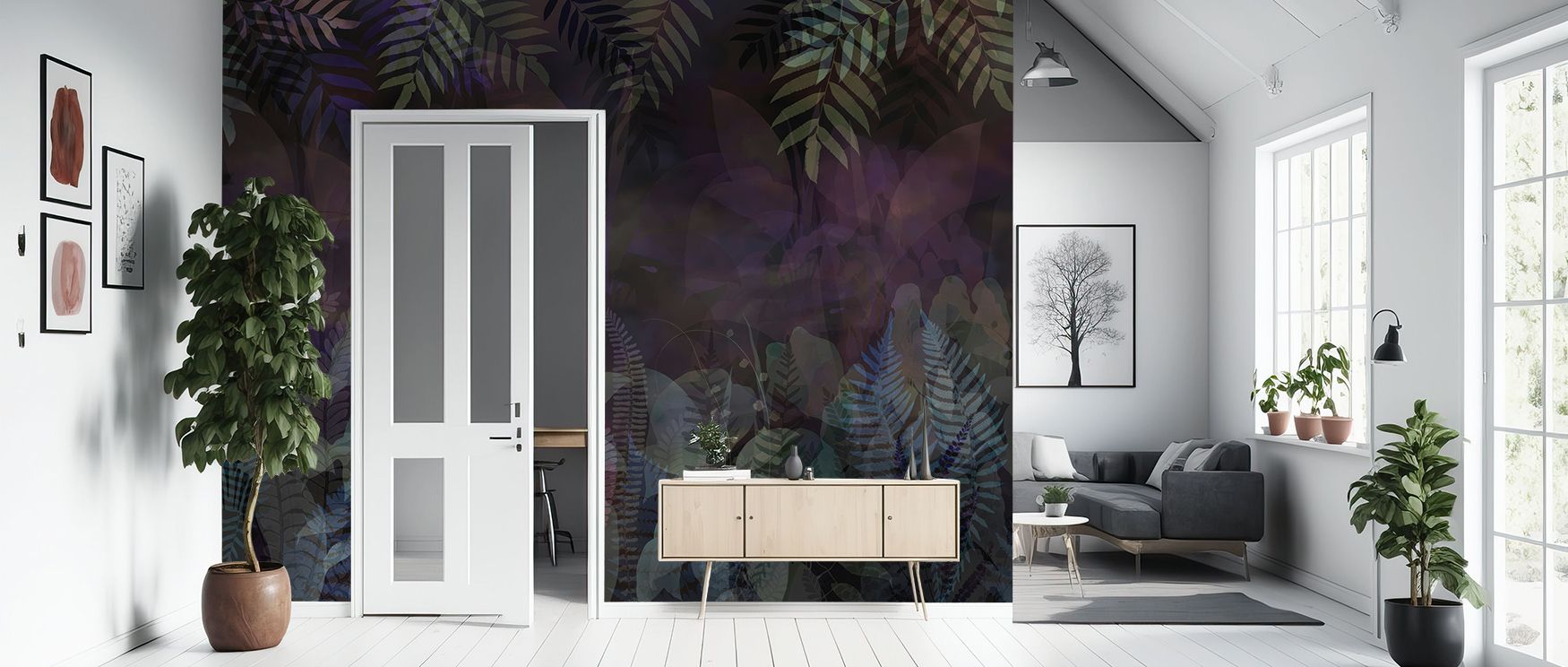 Luminous depth defines the Liquid Tropic Wall Mural as purple tones enrich design with brilliance, enhancing restful bedrooms or lively living rooms with atmosphere, cultural resonance, and decorative refinement that glow with artistry. 