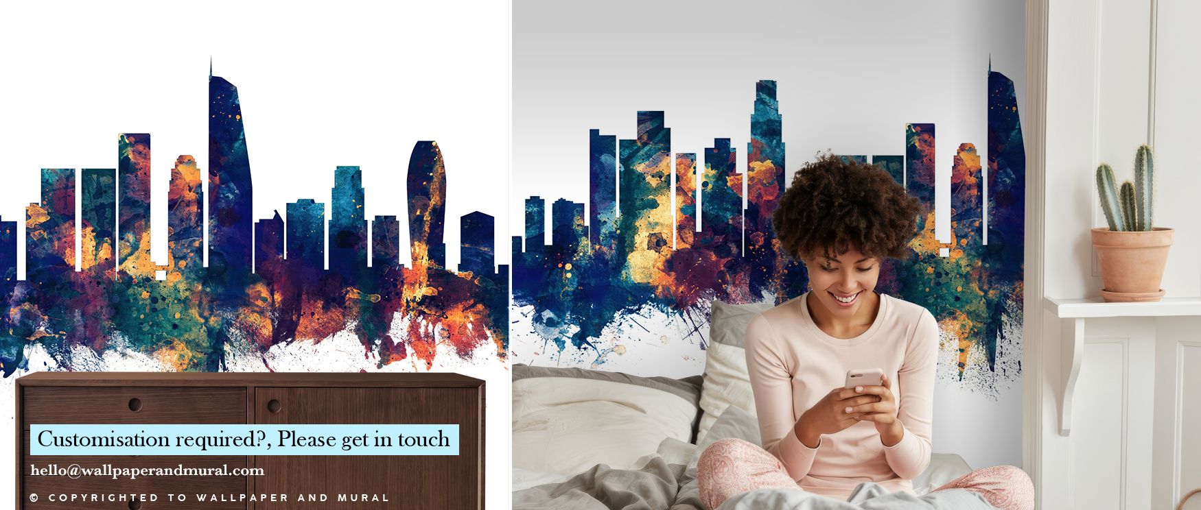 The Los Angeles Skyline Blue & Bronze Wallpaper presents striking vibrancy, where blue and bronze contours glow with architectural artistry, enriching restful bedrooms or lively offices with atmosphere, decorative balance, and cultural resonance that tran