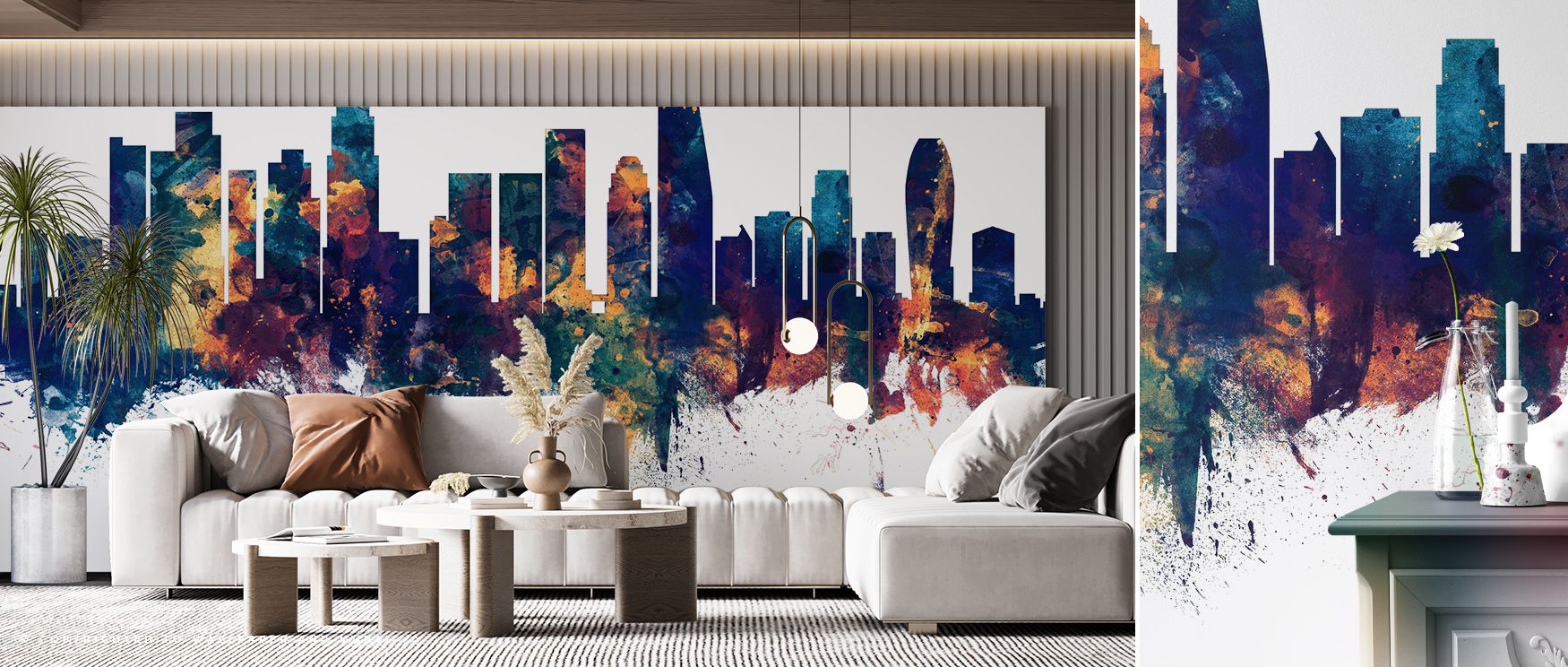 The Los Angeles Skyline Blue & Bronze Wallpaper layers architectural artistry in rich tones, where blue and bronze silhouettes enrich restful bedrooms or stylish living rooms with cultural resonance, decorative balance, and timeless sophistication that tr