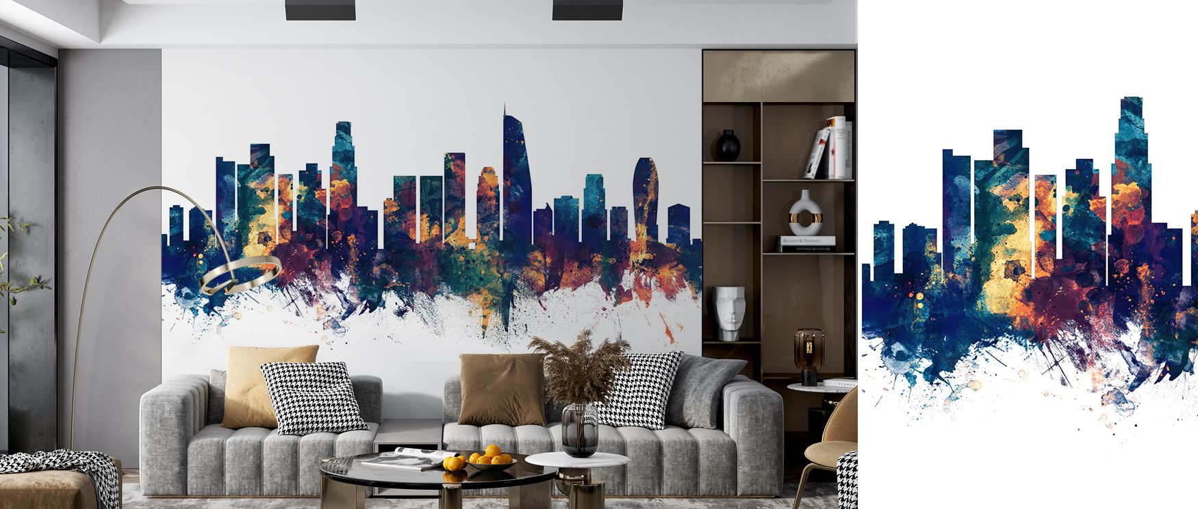 Striking tones highlight the Los Angeles Skyline Blue & Bronze Wallpaper, where silhouettes framed in blue and bronze enrich restful bedrooms or lively living rooms with atmosphere, decorative resonance, and cultural charm that radiates timeless artistry.