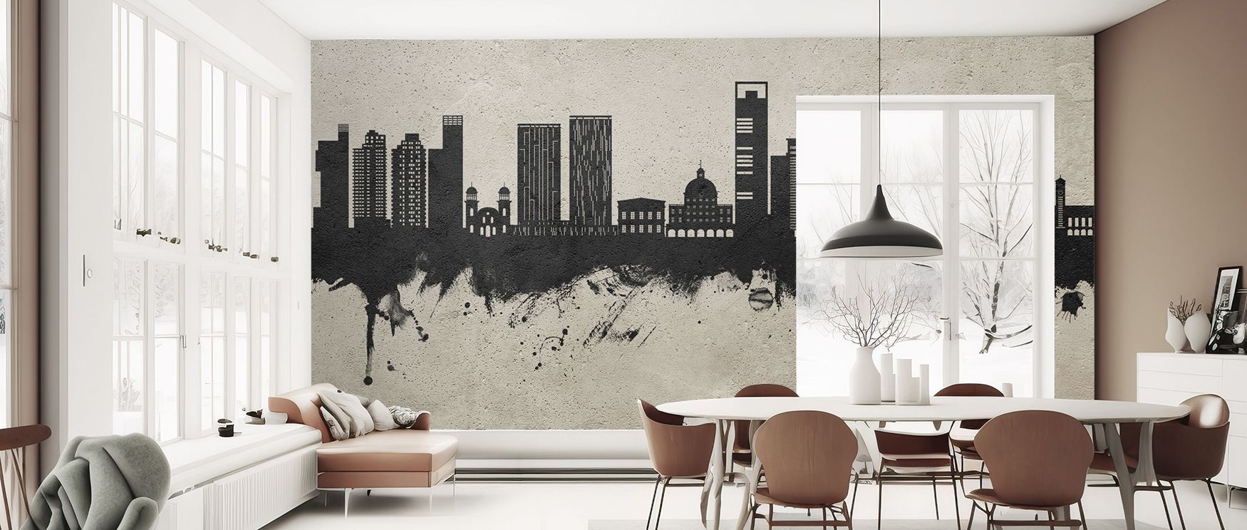The Luanda Skyline Concrete Wallpaper transforms walls into cultural showcases, where silhouettes in rustic tones enrich restful bedrooms or welcoming living rooms with atmosphere, decorative resonance, and heritage artistry that glow with authenticity.