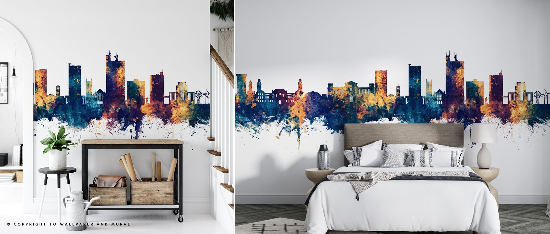 A refined palette defines the Lubbock Texas Skyline Blue & Bronze Wallpaper, where silhouettes glow in bold tones, enriching restful bedrooms or stylish living rooms with atmosphere, cultural resonance, and decorative refinement that radiates sophisticati