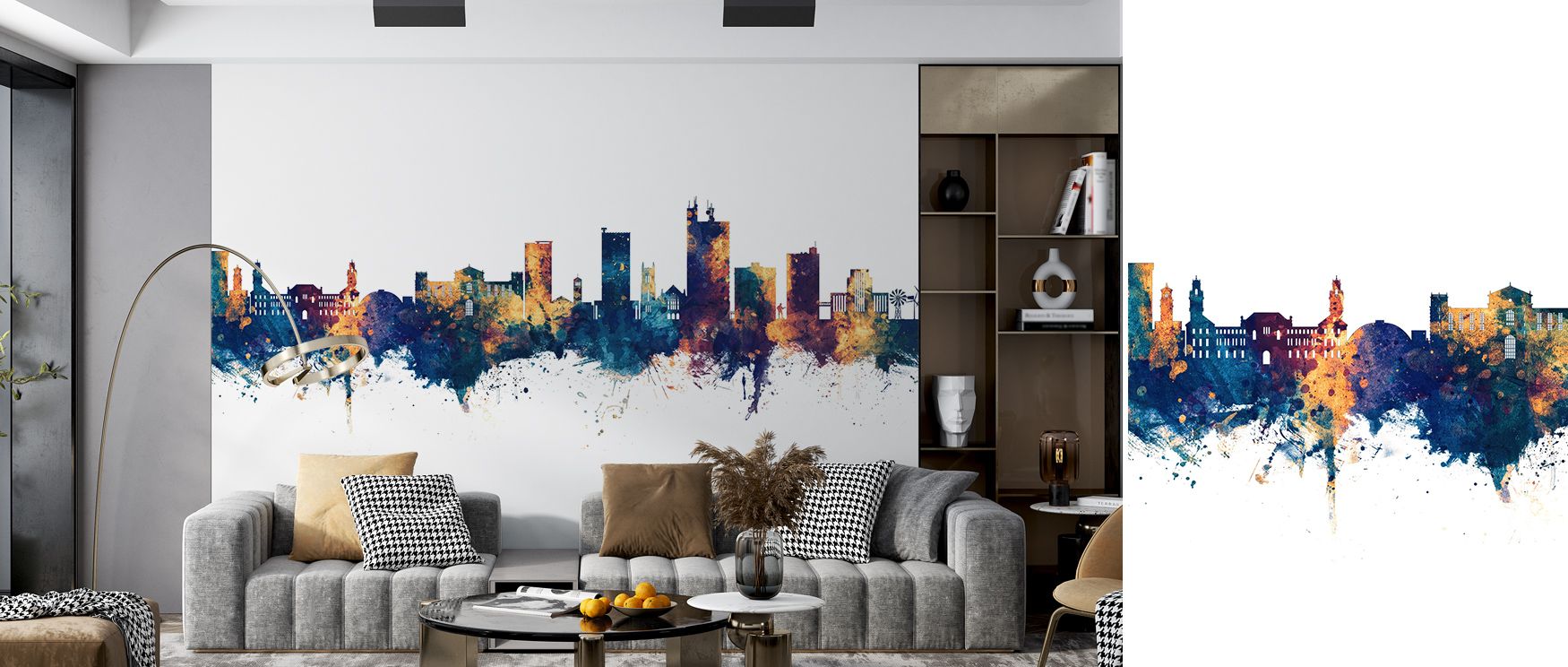 The Lubbock Texas Skyline Blue & Bronze Wallpaper transforms interiors with bold tones, where silhouettes glow with cultural charm, enriching restful bedrooms or creative living rooms with atmosphere, decorative resonance, and architectural refinement tha