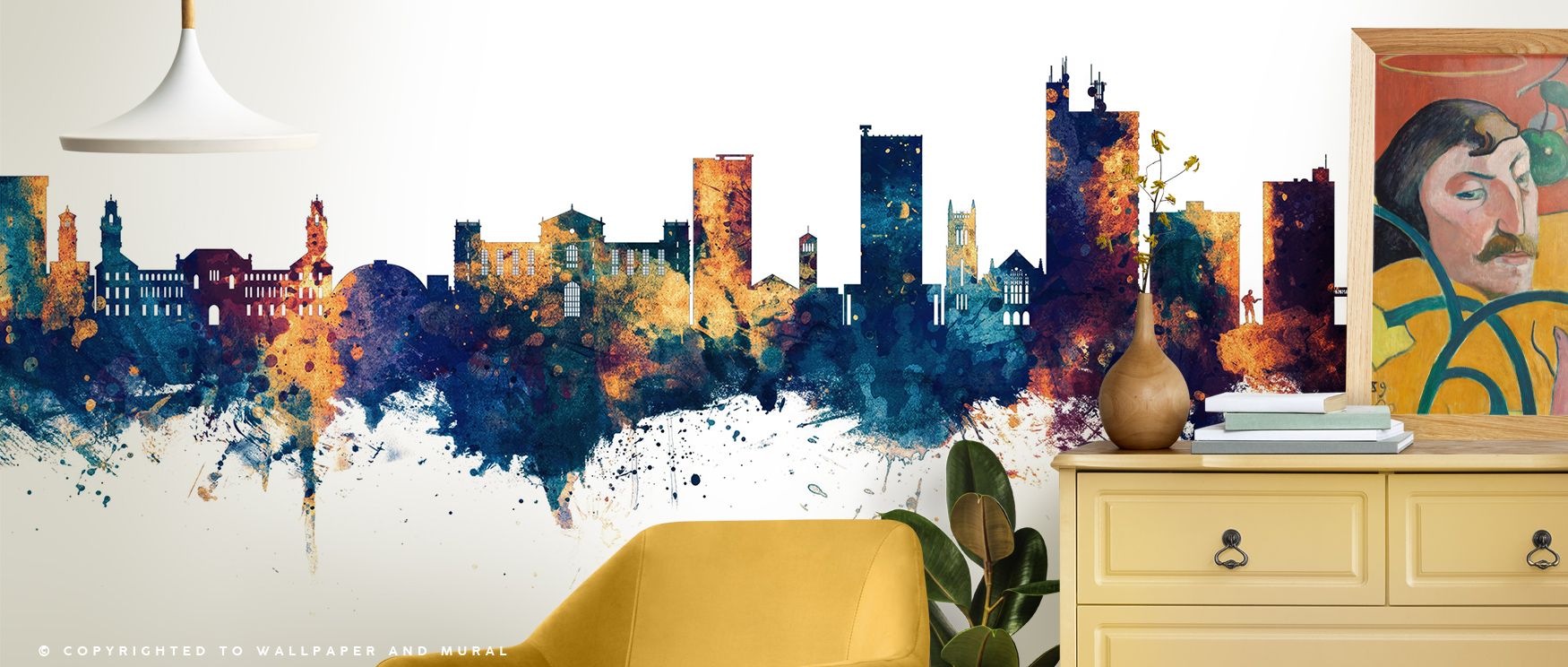 The Lubbock Texas Skyline Blue & Bronze Wallpaper sustains artistic resonance, where blue and bronze tones enrich restful bedrooms or stylish living rooms with atmosphere, cultural charm, and decorative sophistication that glow with timeless artistry and 