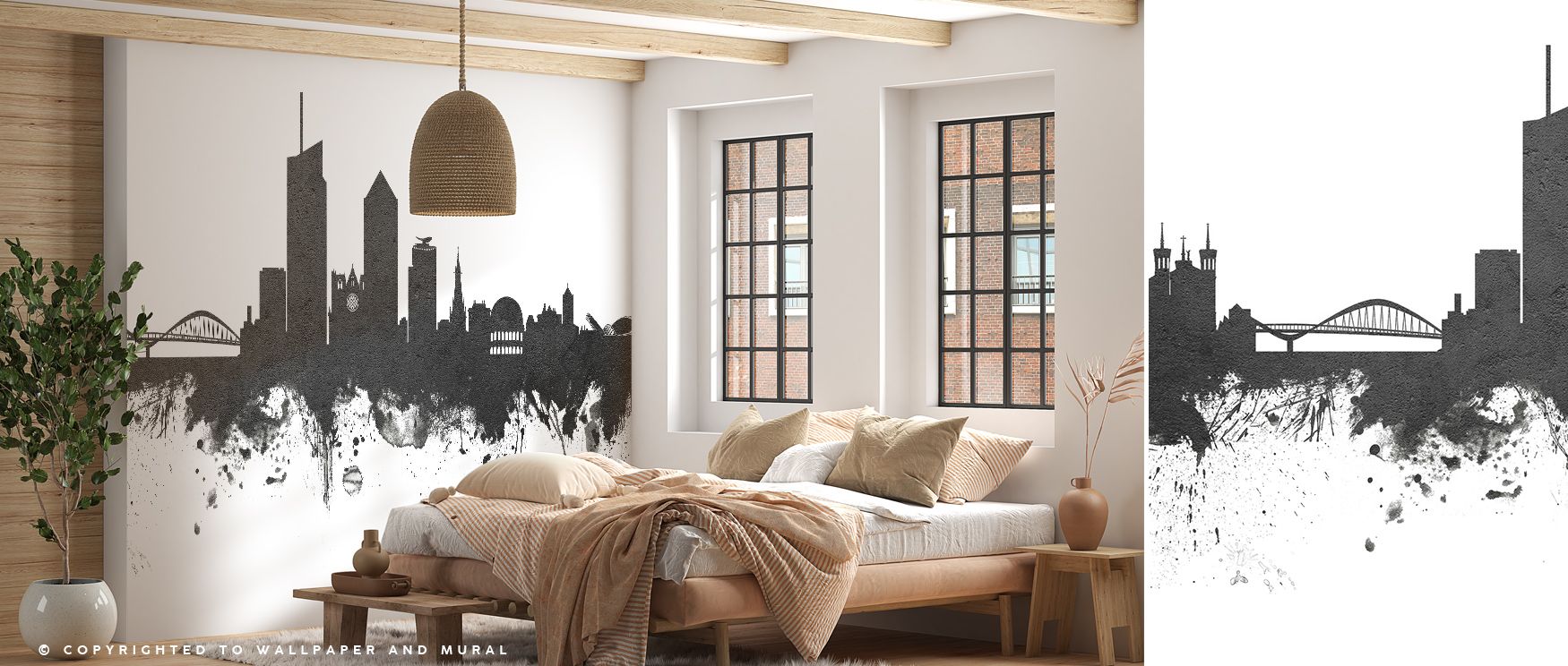 Bold artistry characterizes the Lyon France Skyline Black & White Wallpaper as monochrome tones amplify architectural detail, enriching restful bedrooms or lively offices with atmosphere, decorative balance, and cultural sophistication that radiates refin