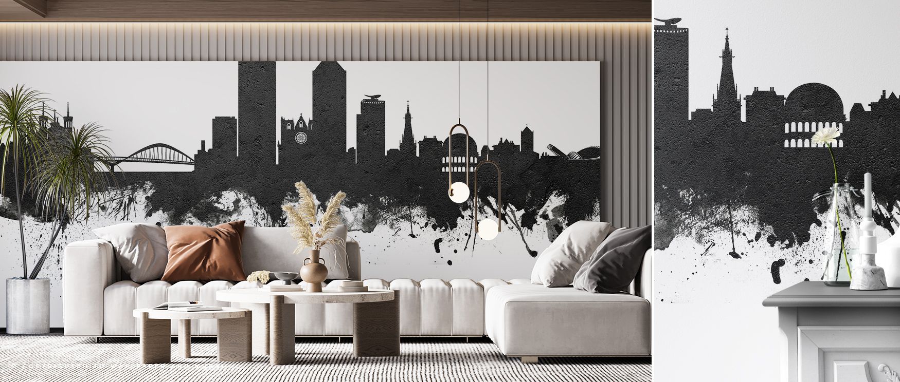 Minimalist elegance defines the Lyon France Skyline Black & White Wallpaper as sharp tones sustain resonance, enriching restful bedrooms or creative offices with atmosphere, cultural artistry, and decorative refinement that glow with sophistication. 