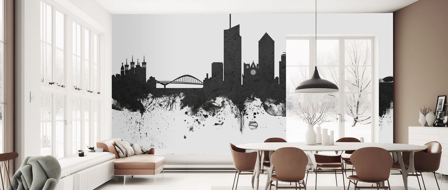 Distinct contrasts elevate the Lyon France Skyline Black & White Wallpaper as contours are highlighted with clarity, enriching restful bedrooms or stylish living rooms with atmosphere, decorative refinement, and cultural artistry that sustain timeless sop