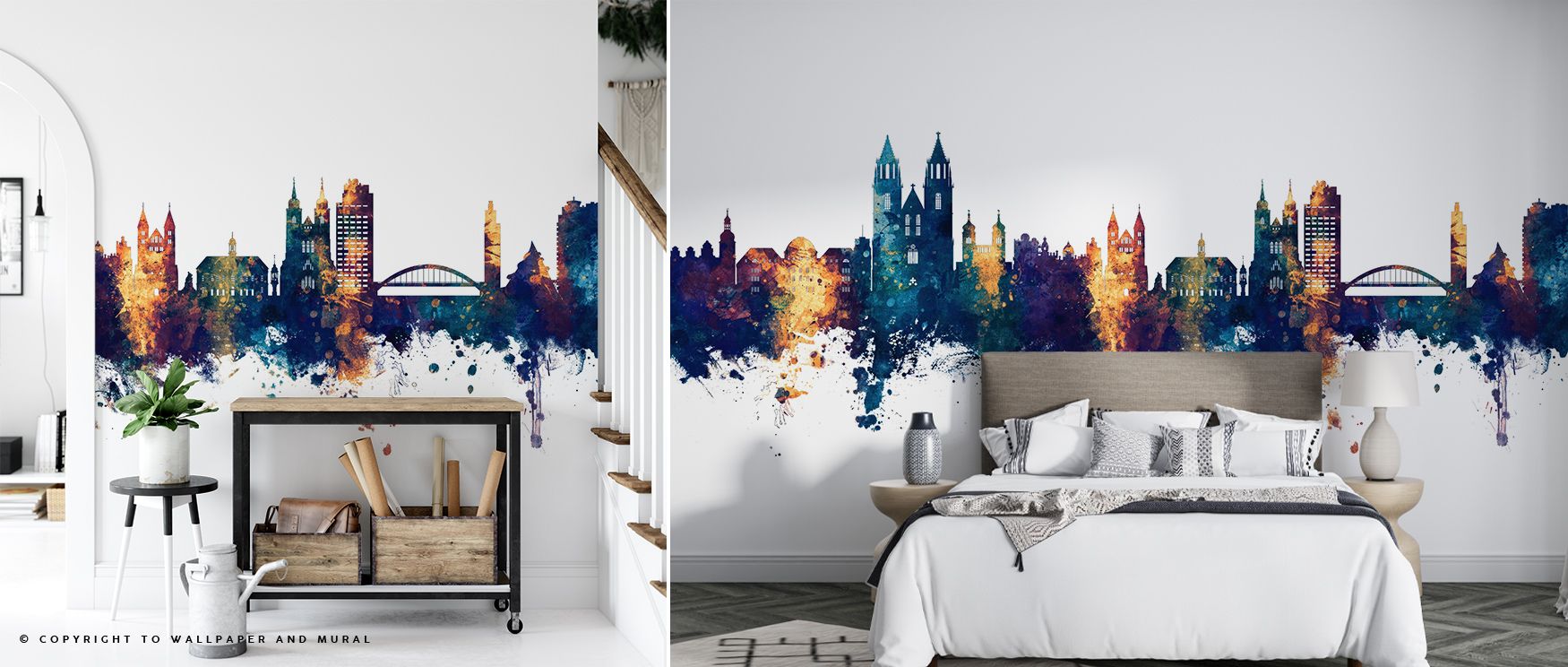 Cultural refinement is displayed in the Magdeburg Germany Skyline Blue & Bronze Wallpaper as architectural forms glow with bronze and blue, enriching restful bedrooms or creative living rooms with atmosphere, decorative resonance, and sophistication that 