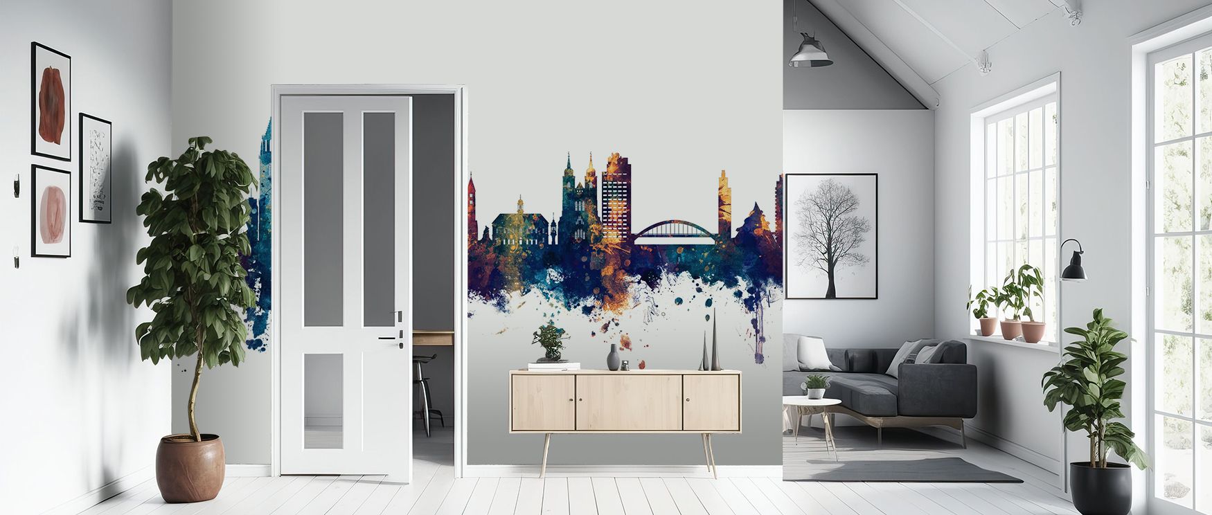 Vibrant energy enhances the Magdeburg Germany Skyline Blue & Bronze Wallpaper as glowing imagery enriches contours, filling restful bedrooms or lively offices with atmosphere, cultural resonance, and decorative refinement that sustain sophistication. 