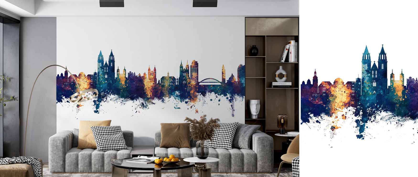 Distinct vibrancy defines the Magdeburg Germany Skyline Blue & Bronze Wallpaper as blue and bronze contrasts elevate interiors, enriching restful bedrooms or creative living rooms with atmosphere, decorative resonance, and cultural sophistication that glo