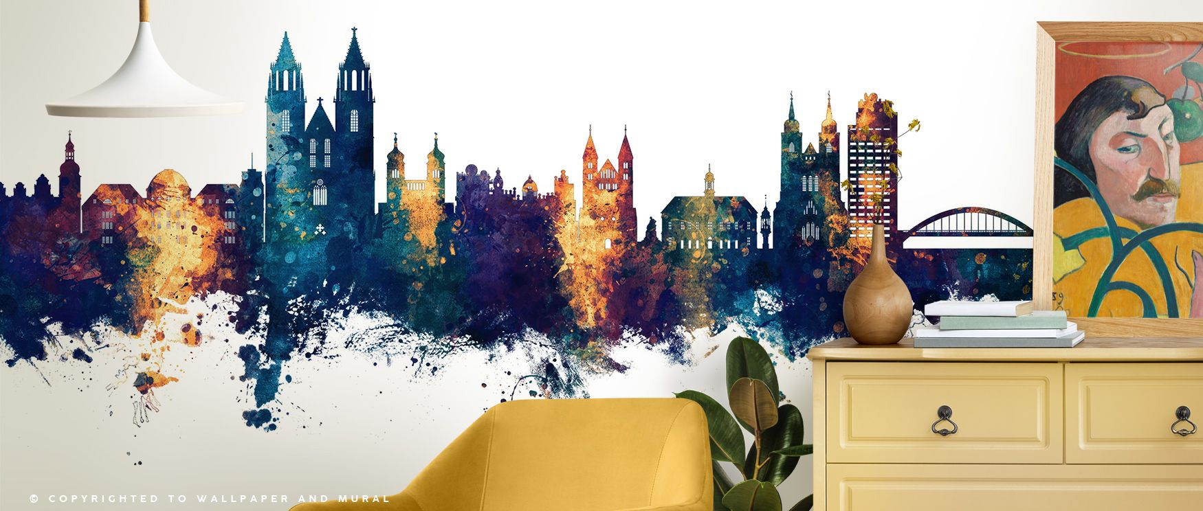 Artistic resonance flows across the Magdeburg Germany Skyline Blue & Bronze Wallpaper as bronze and blue tones enrich detail, enhancing restful bedrooms or welcoming living rooms with atmosphere, decorative refinement, and cultural presence that glow with