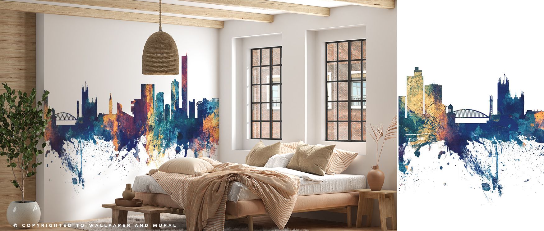 Bold imagery elevates the Manchester England Skyline Blue & Bronze Wallpaper as glowing tones enrich silhouettes, filling restful bedrooms or lively offices with atmosphere, cultural resonance, and decorative artistry that sustain timeless elegance. 