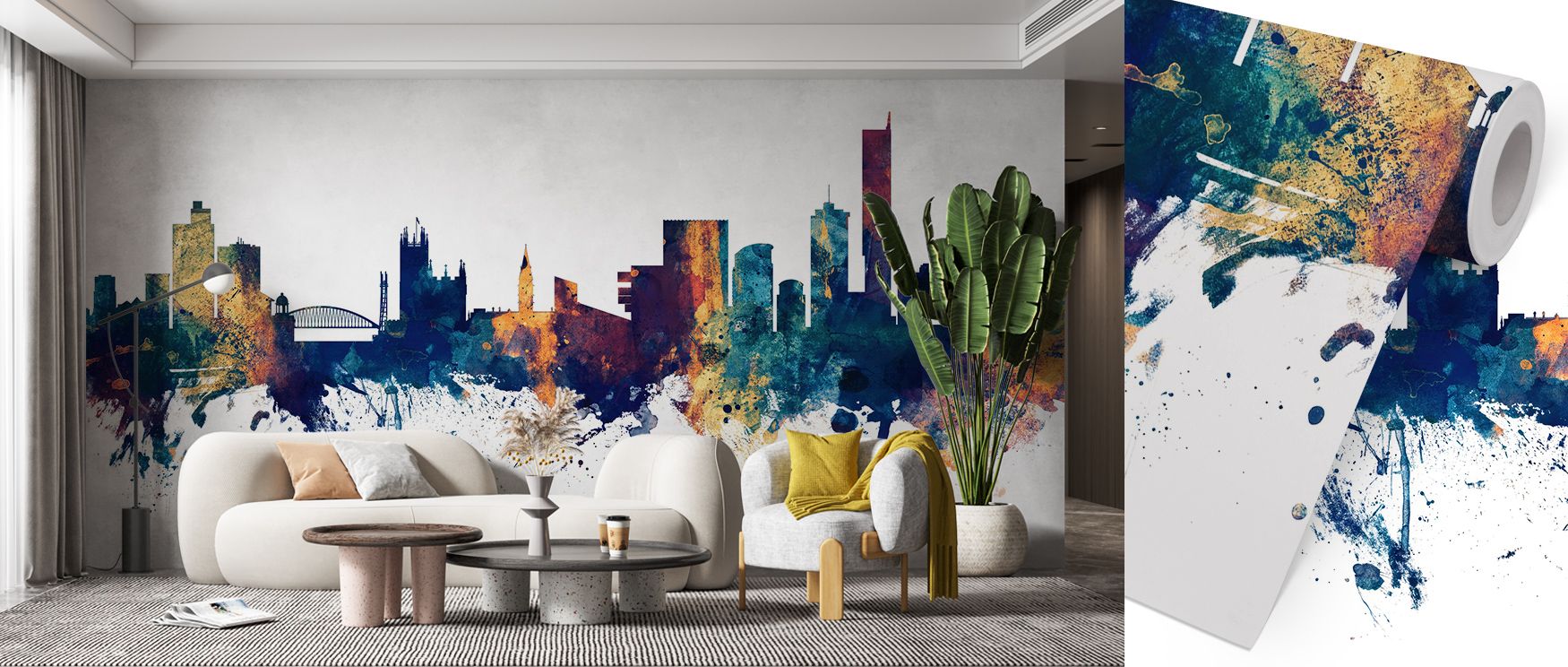 Architectural resonance flourishes in the Manchester England Skyline Blue & Bronze Wallpaper as blue and bronze contrasts highlight silhouettes, enriching restful bedrooms or stylish living rooms with atmosphere, decorative refinement, and cultural artist