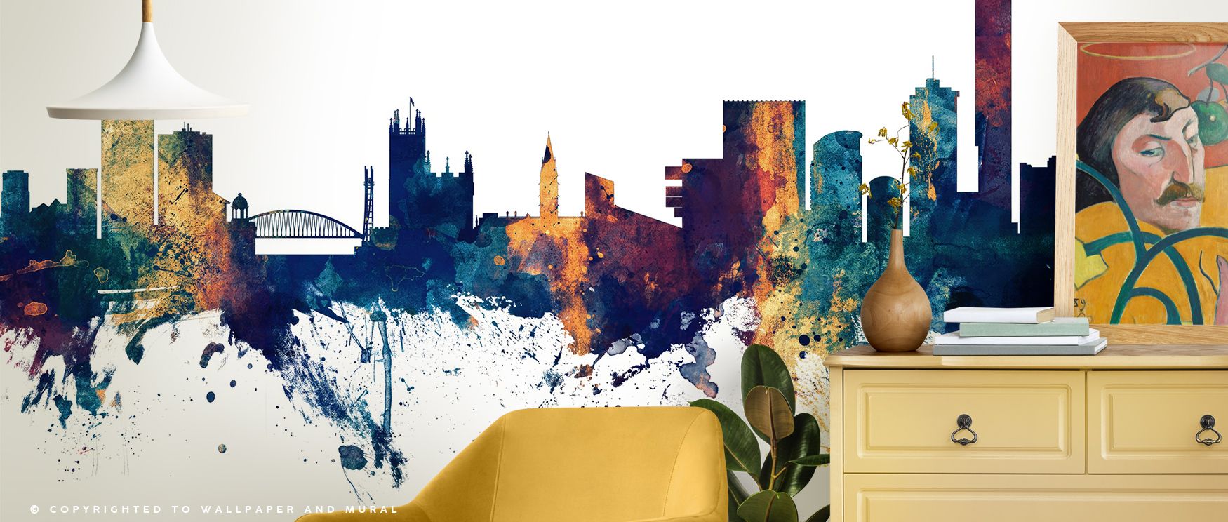Timeless presence radiates in the Manchester England Skyline Blue & Bronze Wallpaper as architectural silhouettes shine in bold tones, enriching restful bedrooms or stylish offices with atmosphere, cultural resonance, and decorative balance that glow with
